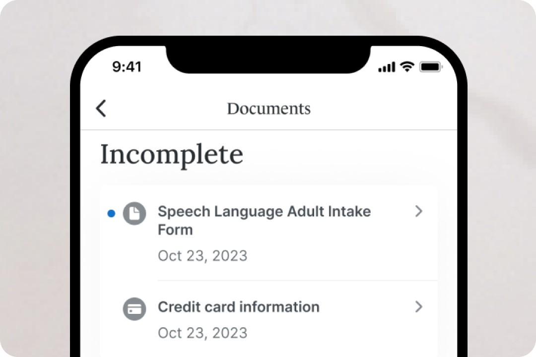 incomplete documents for speech therapy intake forms on a mobile phone