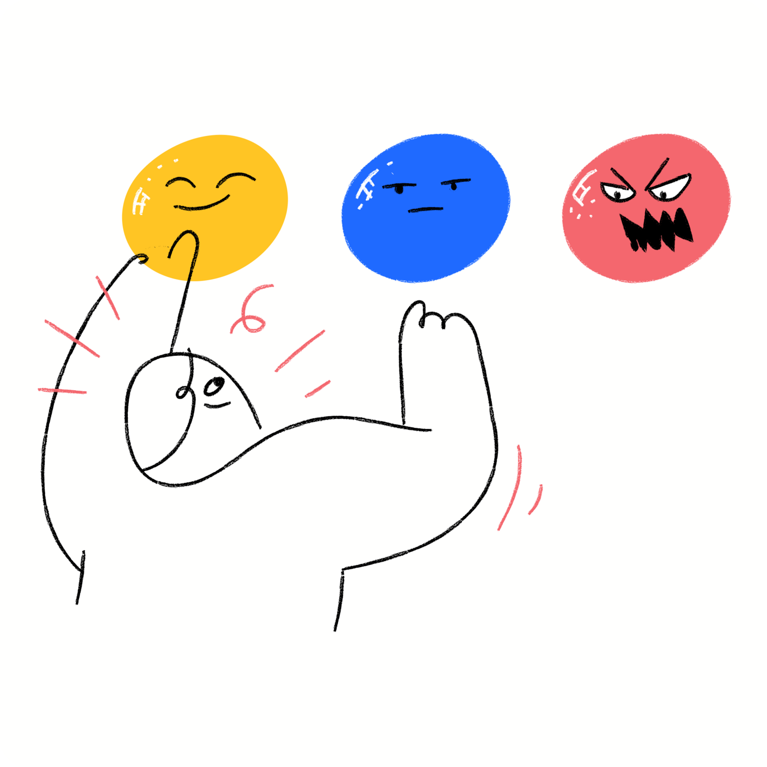 illustration of person looking at different emoji faces