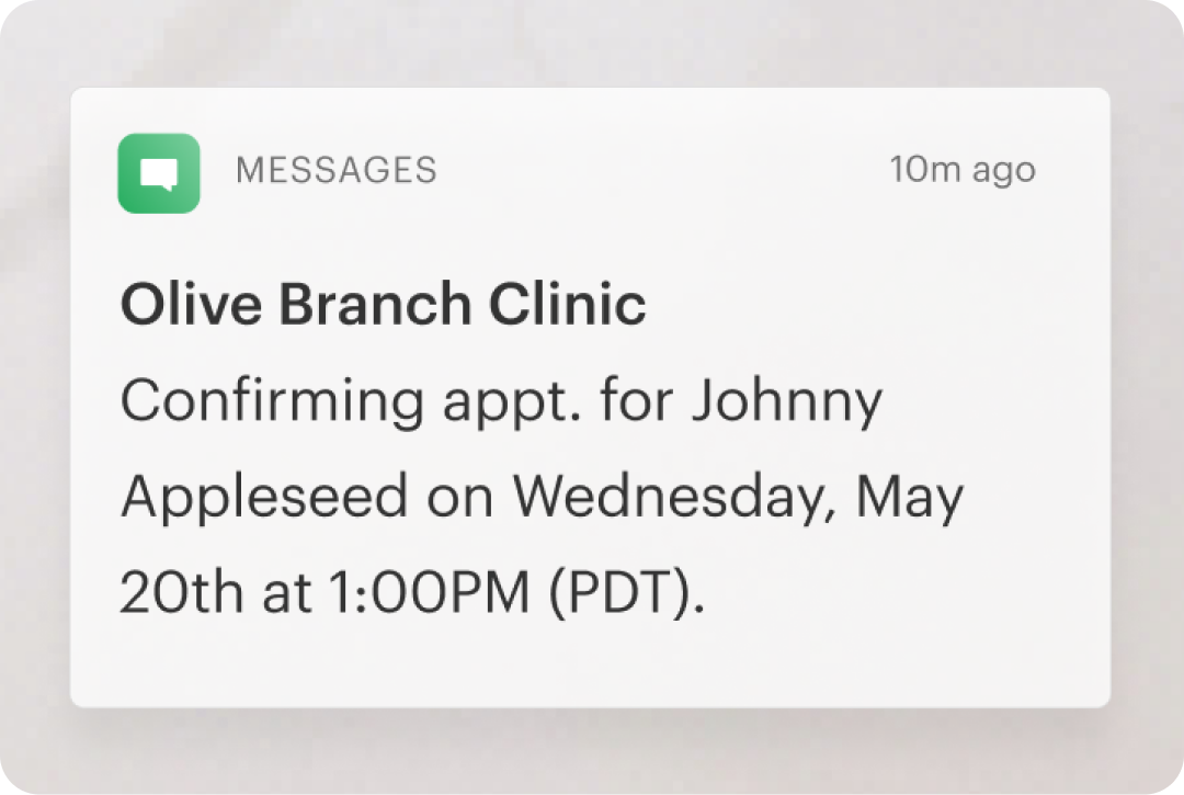 text message notification about a speech therapy appointment 