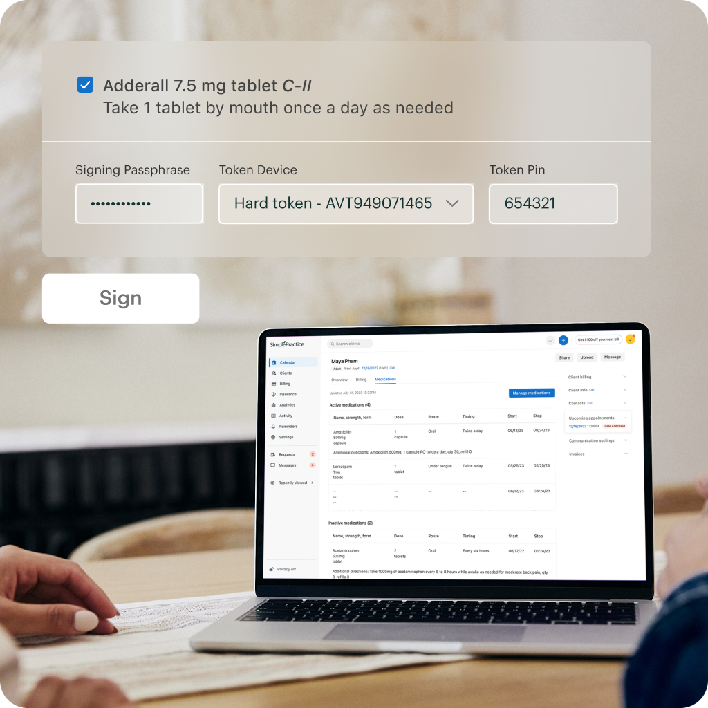 Graphic of 2-factor authentication prompts overlaid on an image of a laptop using SimplePractice