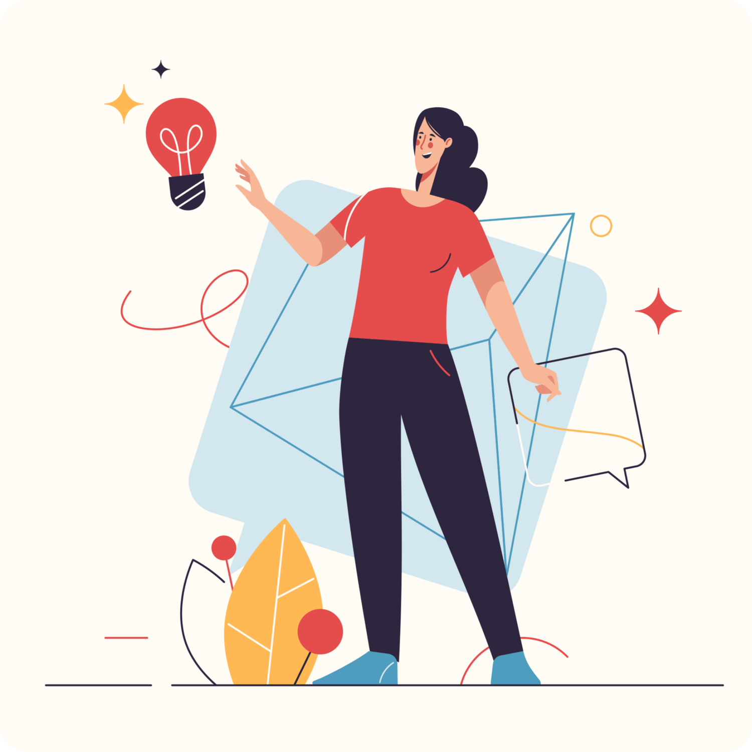 illustration of woman with a lightbulb next to her as she works on problem-solving 