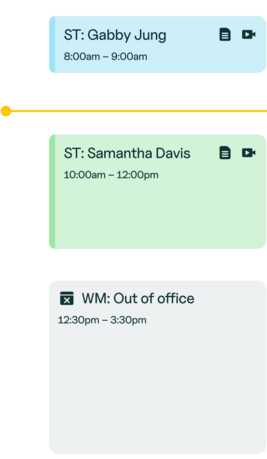 scheduling block from SimplePractice showing 2 appointments and an out of office block