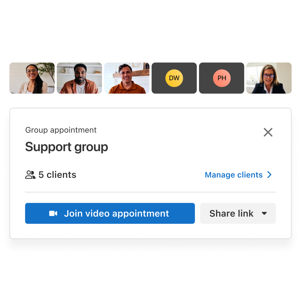 therapist and 5 clients in a group appointment on simplepractice