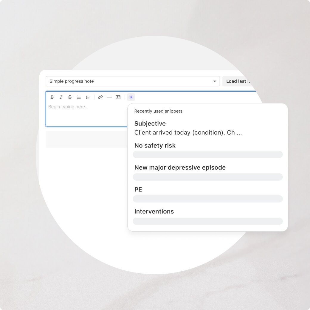 Simple progress note template in SimplePractice using snippets feature