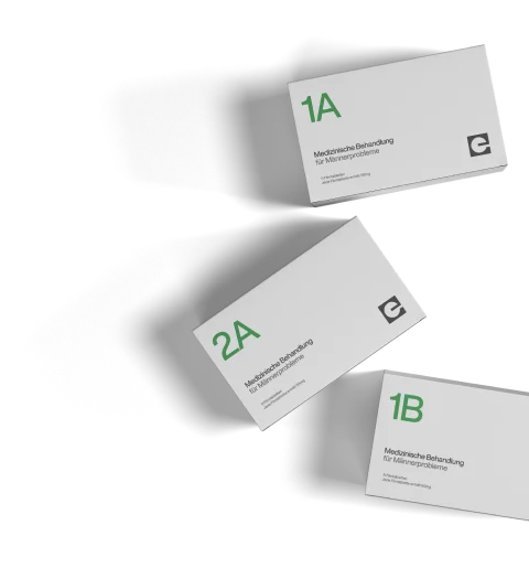 Drei weisse Produktschachteln für Männerprobleme von Everyman Health 