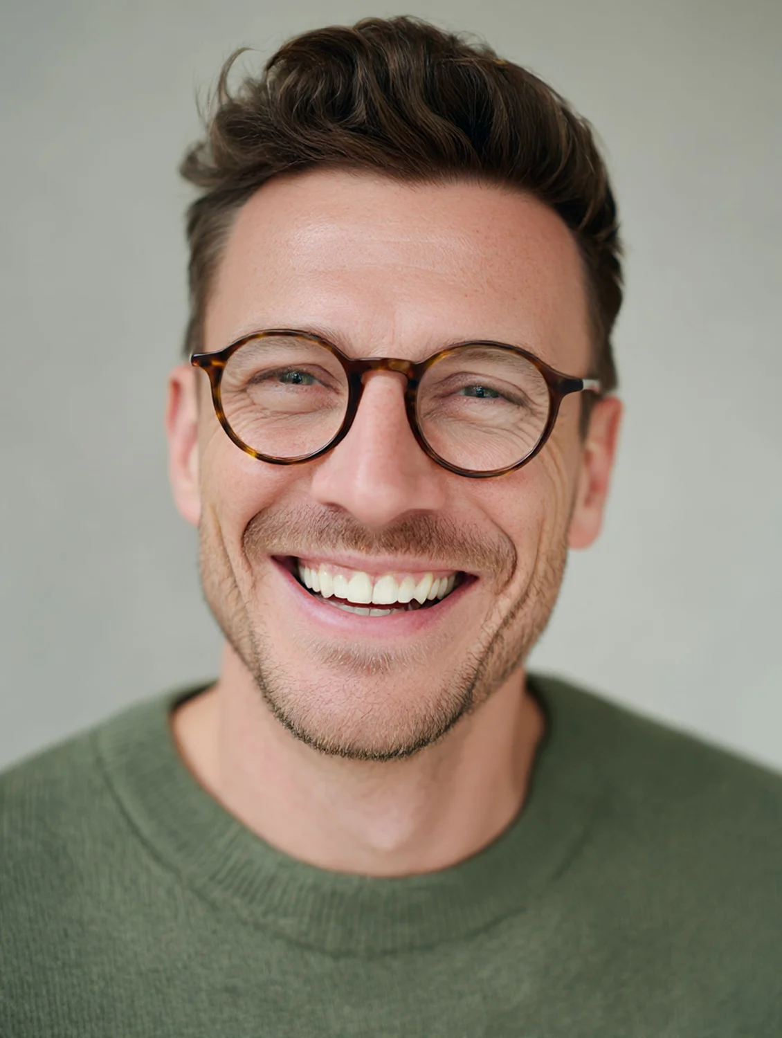 Glücklicher Mann hat durch Everyman die Lösung für seine Männersorgen gefunden und strahlt vor Glück in die Kamera