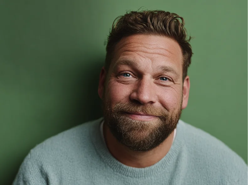 Glad man looking into camera