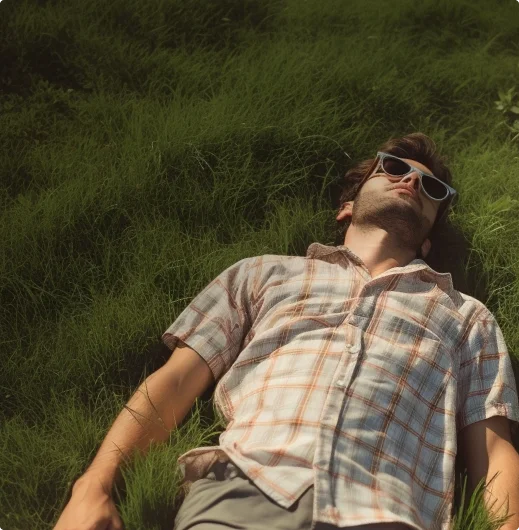 Entspannter junger Mann erholt sich auf einer Wiese und trägt eine coole Sonnenbrille