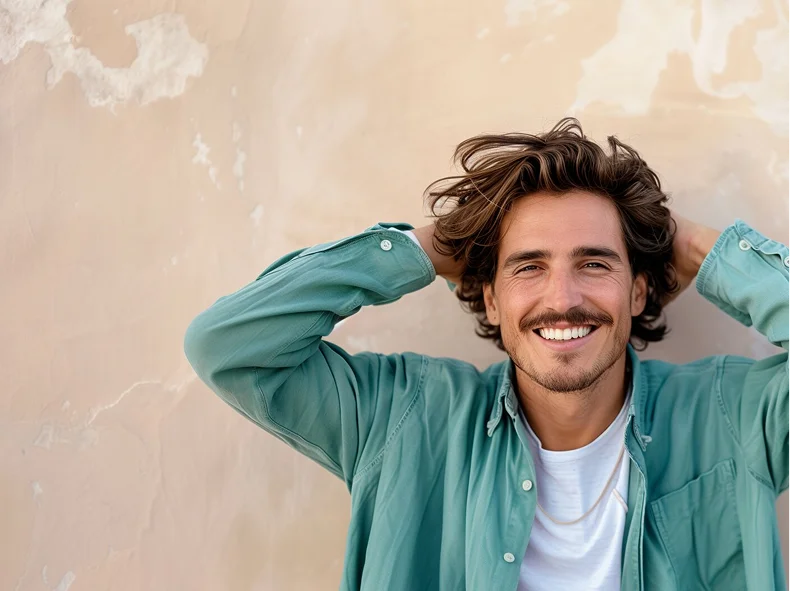 Man looking happy about his full head of hair