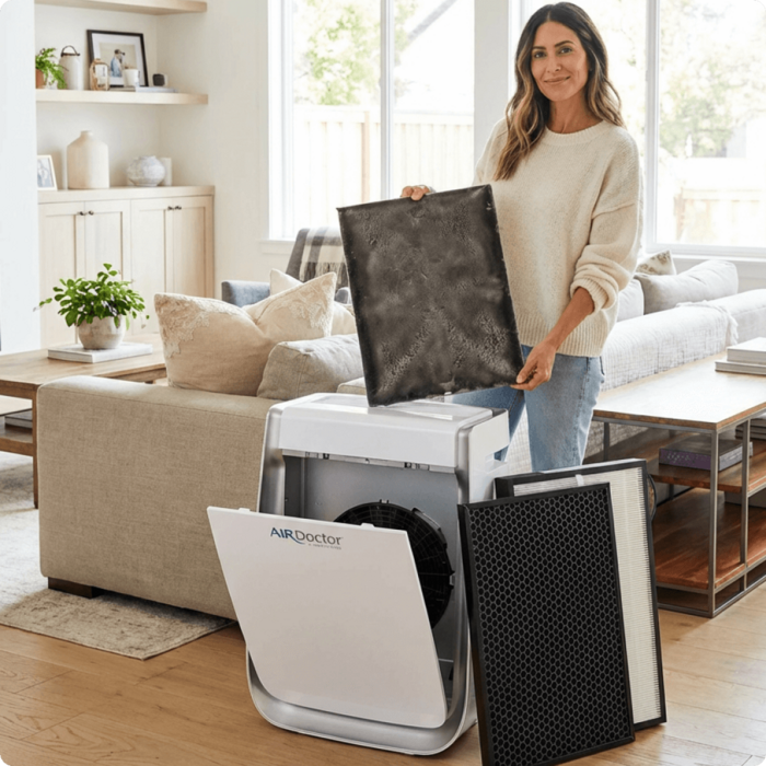 Woman standing next to AirDoctor Purifier