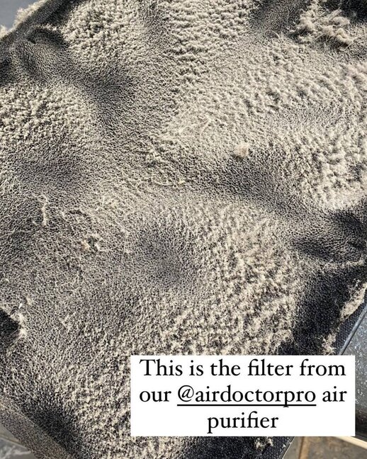 Close-up of a used and dirty air filter, showing accumulated dust and particles: Carbon Filter Air Purifier | AirDoctor 
