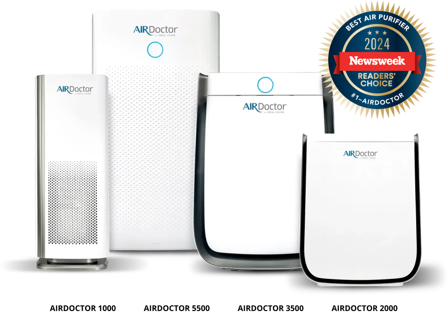An image displaying four AirDoctor air purifiers: AirDoctor 1000, a compact tower-shaped model with a perforated front panel; AirDoctor 5500, the largest unit with a sleek white body and circular LED indicator; AirDoctor 3500, a medium-sized purifier with a black-trimmed design and a front-facing air vent; and AirDoctor 2000, a smaller version of the 3500 with a similar design. A gold and blue Newsweek award badge in the top right corner reads ‘Best Air Purifier 2024 – Newsweek Readers' Choice #1 AirDoctor