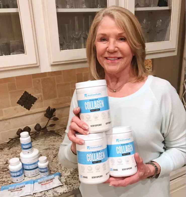 Dr. Chad Walding's mom holding her jars of NativePath Collagen Peptides