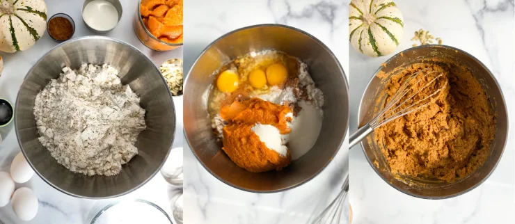 Paleo pumpkin protein bread mixing process with dry ingredients and wet ingredients combined
