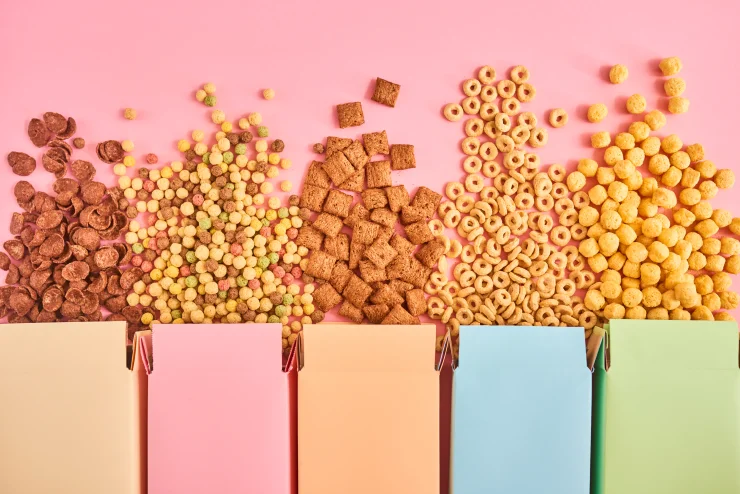 Colorful boxes of sugary cereals of different types on pink background, top view