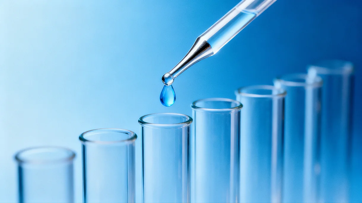 A pipette dropping a single blue liquid drop into a clear glass test tube, with other tubes in the background, conveying a sense of precision and scientific inquiry