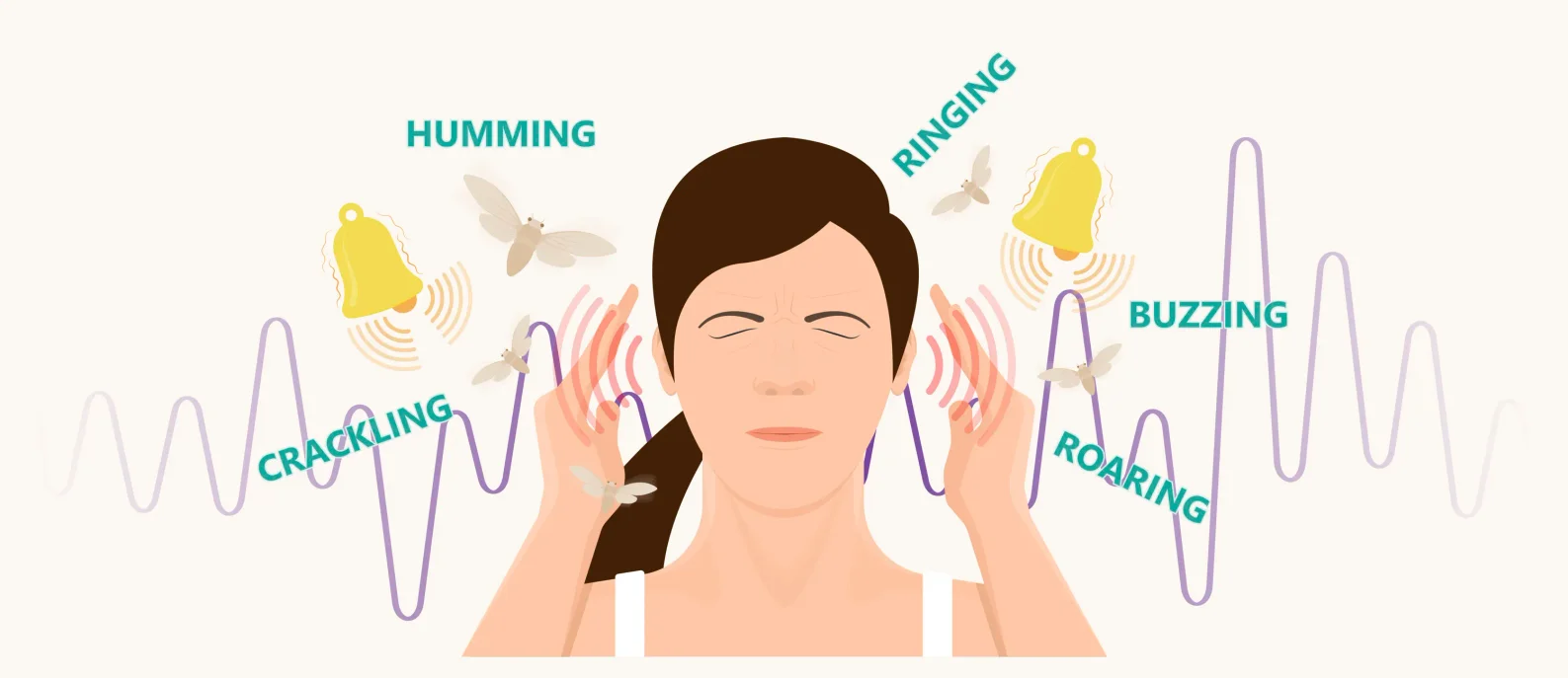 An illustrated image of a woman suffering from tinnitus. She is plugging her ears with sound vibrations around her.