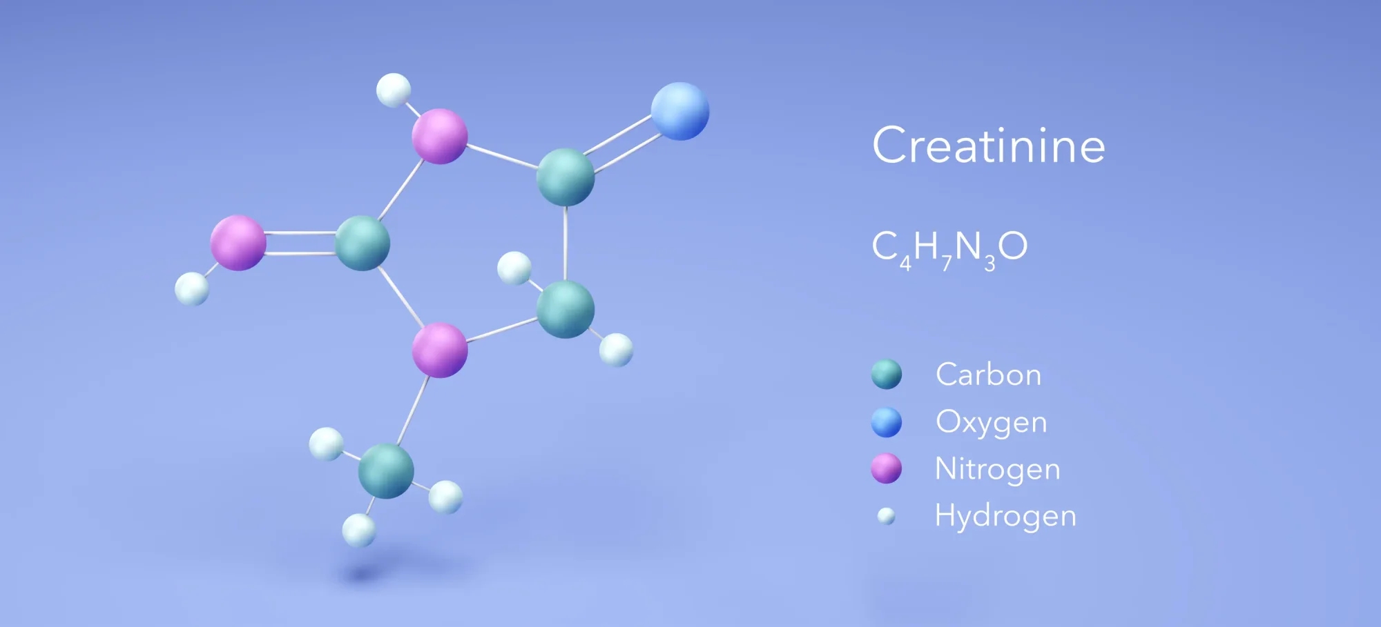 Creatinine. Molecular structures. 3D rendering. Structural Chemical Formula and Atoms with Color Coding.