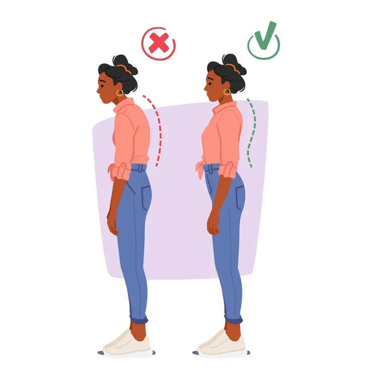 Illustrated image of a woman with bad standing posture versus a woman with good standing posture