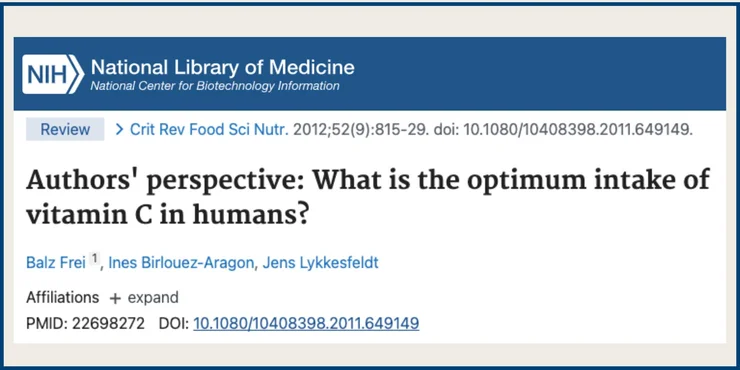 A screenshot of a NCBI study titled "Authors' perspective: What is the optimum intake of vitamin C in humans?"