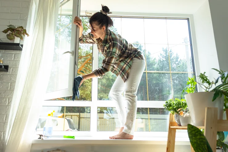 A woman cleaning an open window
