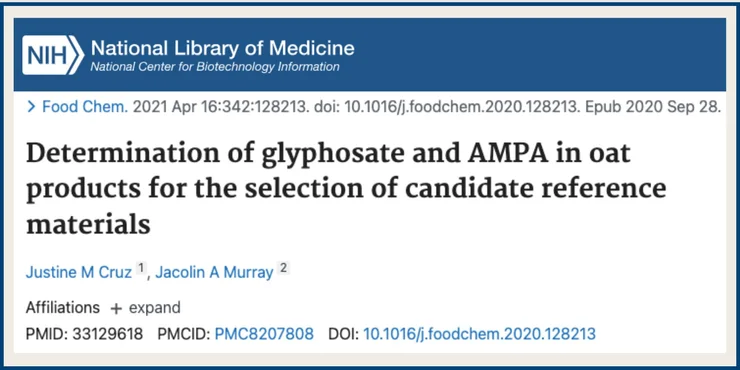 A screenshot of an NCBI study titled "Determination of glyphosate and AMPA in oat products for the selection of candidate reference materials"