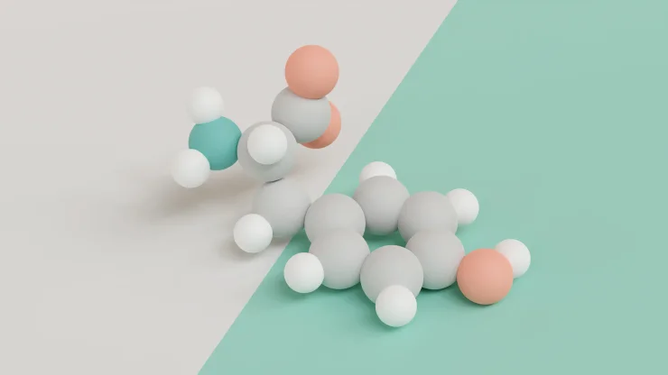 Tyrosine (l-tyrosine, Tyr, Y) amino acid molecule. 3D rendering. Atoms shown as color-coded spheres (oxygen pink, nitrogen teal, carbon light grey, hydrogen white).