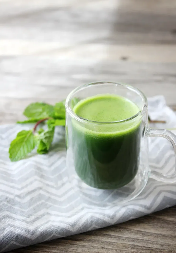 Clear glass of Fountain of Youth Elixir with fresh mint in the background