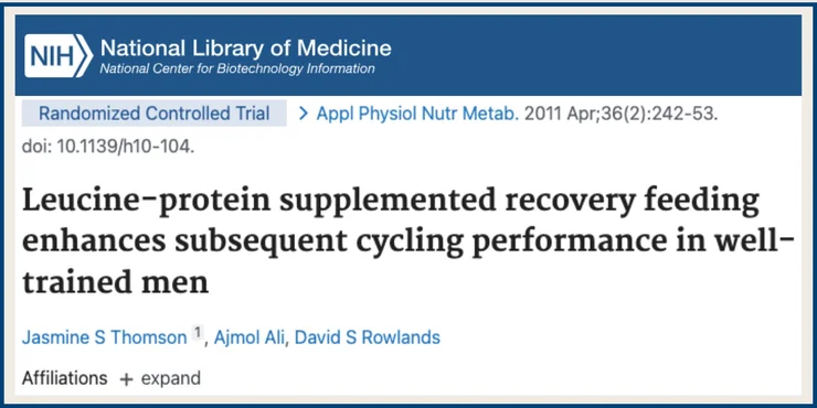 A screenshot of an NCBI study titled "Leucine-protein supplemented recovery feeding enhances subsequent cycling performance in well-trained men"