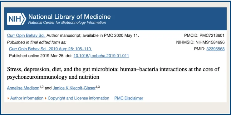 Screenshot of NCBI study titled "Stress, depression, diet, and the gut microbiota: human–bacteria interactions at the core of psychoneuroimmunology and nutrition"