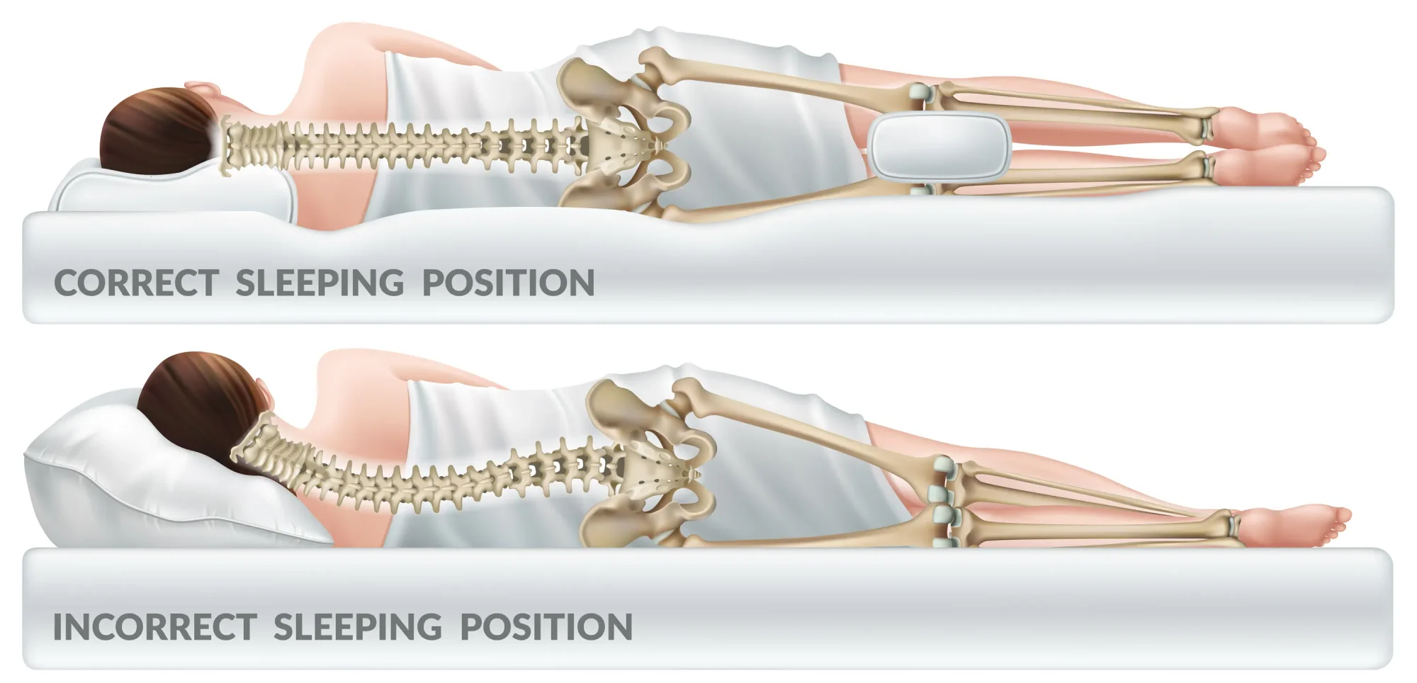 Orthopedic pillow for knees. Correct and incorrect sleeping position legs. Isolated 3d realistic vector illustration.