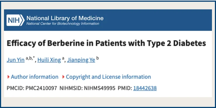 A screenshot of an NCBI study titled "Efficacy of Berberine in Patients with Type 2 Diabetes"