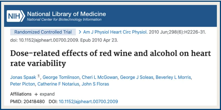 A screenshot of the NCBI study titled "Dose-related effects of red wine and alcohol on heart rate variability"