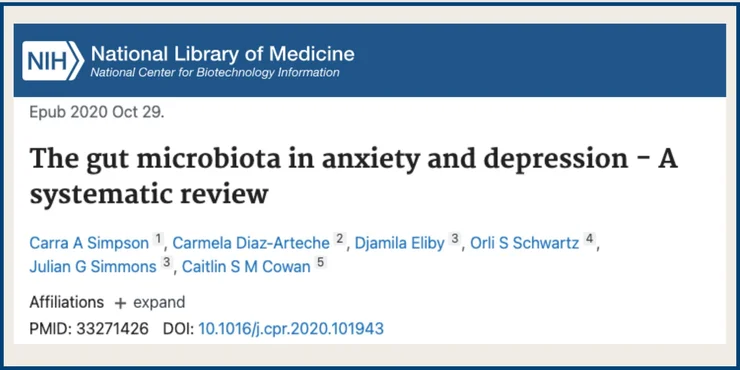 A screenshot of a NCBI study titled "The gut microbiota in anxiety and depression - A systematic review"