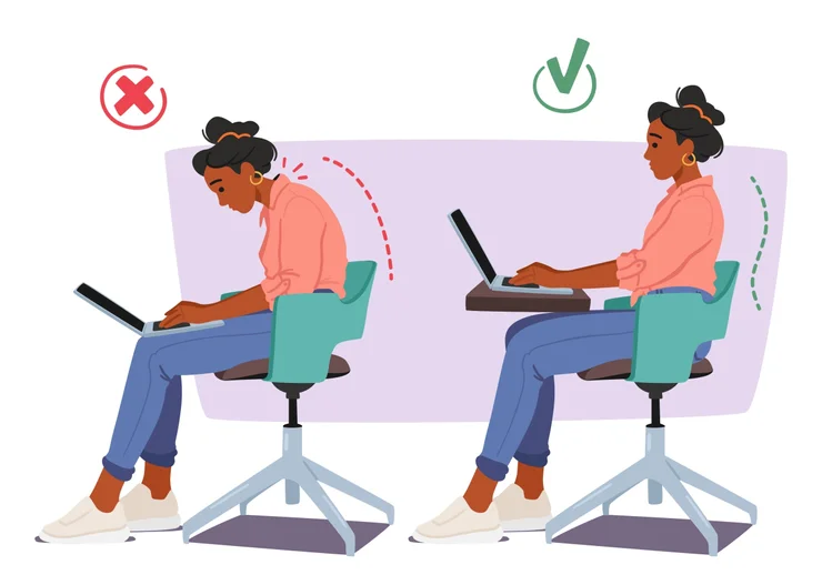 Illustrated image of a woman with bad seated posture versus a woman with good seated posture