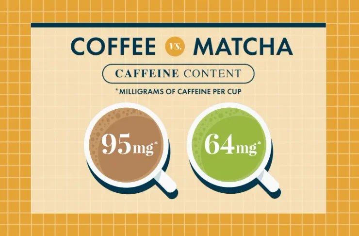 Infographic Showing the Caffeine Content of Coffee and Matcha: 95mg of caffeine per cup of coffee and 64mg of caffeine per cup of matcha