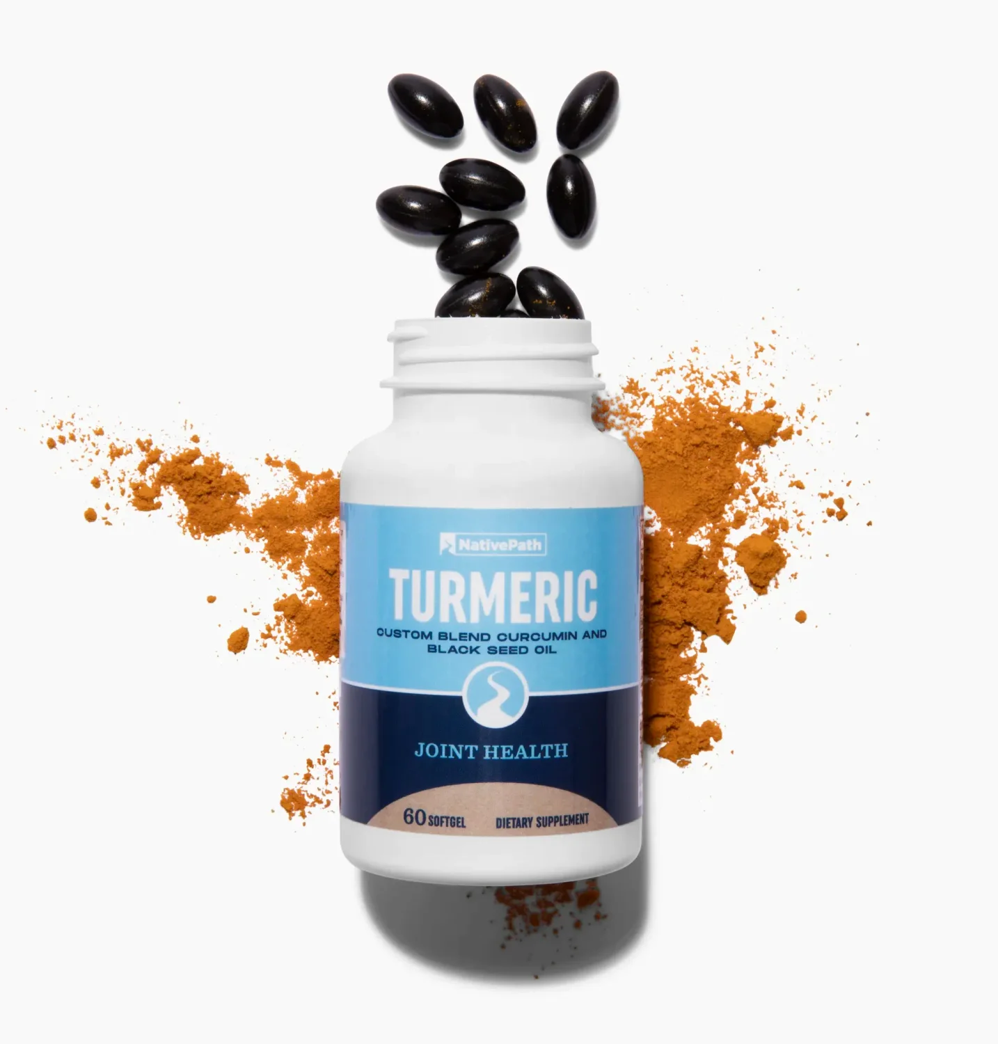 Bottle of NativePath Turmeric softgels pouring out of bottle with a splash of orange turmeric powder in the background.