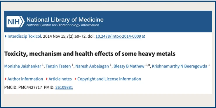 A screenshot of an NCBI study titled "Toxicity, mechanism and health effect of some heavy metals"