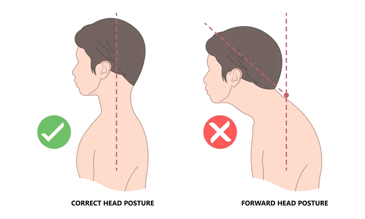 A vector drawing comparing corerect head posture and forward head posture.