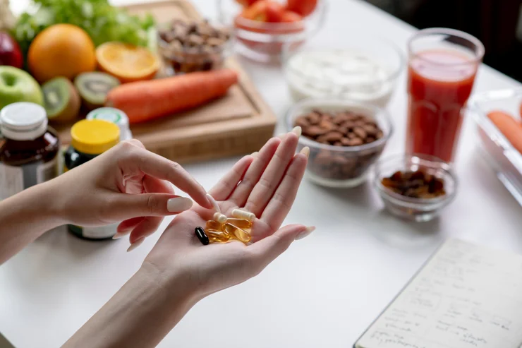 A woman's hand holding supllments with healthy food in the background.