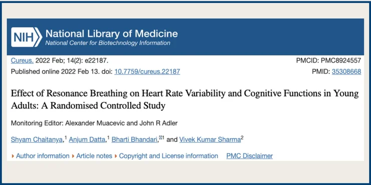 Screenshot of NCBI study titled "Effect of Resonance Breathing on Heart Rate Variability and Cognitive Functions in Young Adults: A Randomised Controlled Study"