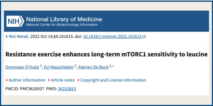 A screenshot of an NCBI study titled "Resistance exercise enhances long-term mTORC1 sensitivity to leucine".