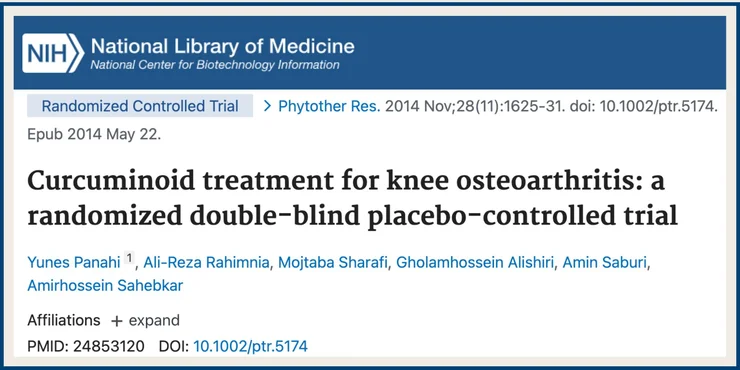 A screenshot of an NCBI study titled "Curcuminoid treatment for knee osteoarthritis: a randomized double-blind placebo-controlled trial"