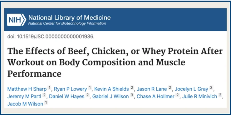 Screenshot of an NCBI study titled "The Effects of Beef, Chicken, or Whey Protein After Workout on Body Composition and Muscle Performance"