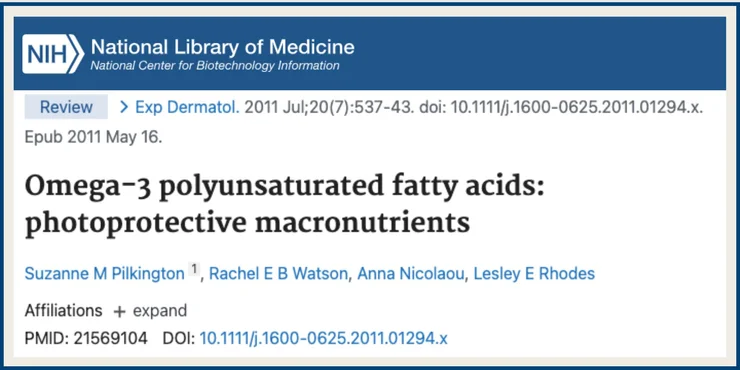 Screenshot of an NCBI study titled "Omega-3 polyunsaturated fatty acids: photoprotective macronutrients"