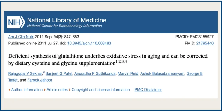 Screenshot of the study "Deficient synthesis of glutathione underlies oxidative stress in aging and can be corrected by dietary cysteine and glycine supplementation"