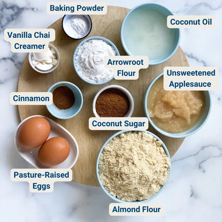 Top shot of coffee cake ingredients with their names labeled next to them.