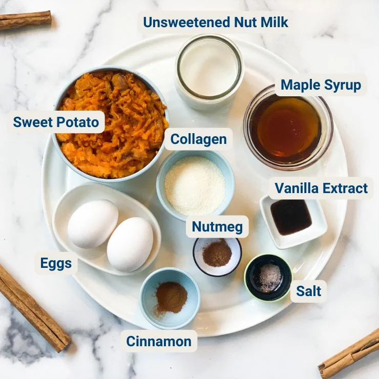 Top view of sweet potato tart filling ingredients in bowls with their names labeled next to them