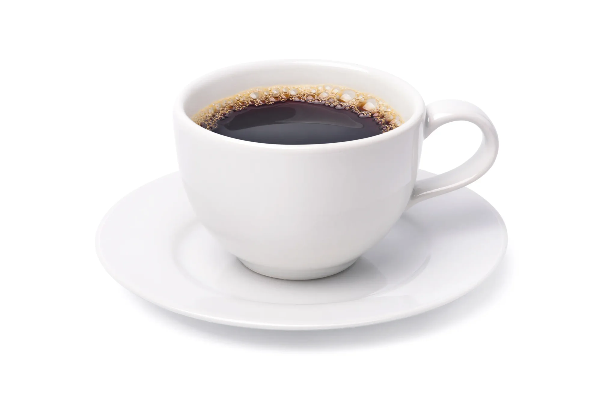 White cup of black coffee isolated on white background