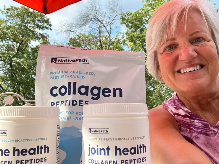 An older woman posing with three different NativePath Collagen Peptide products